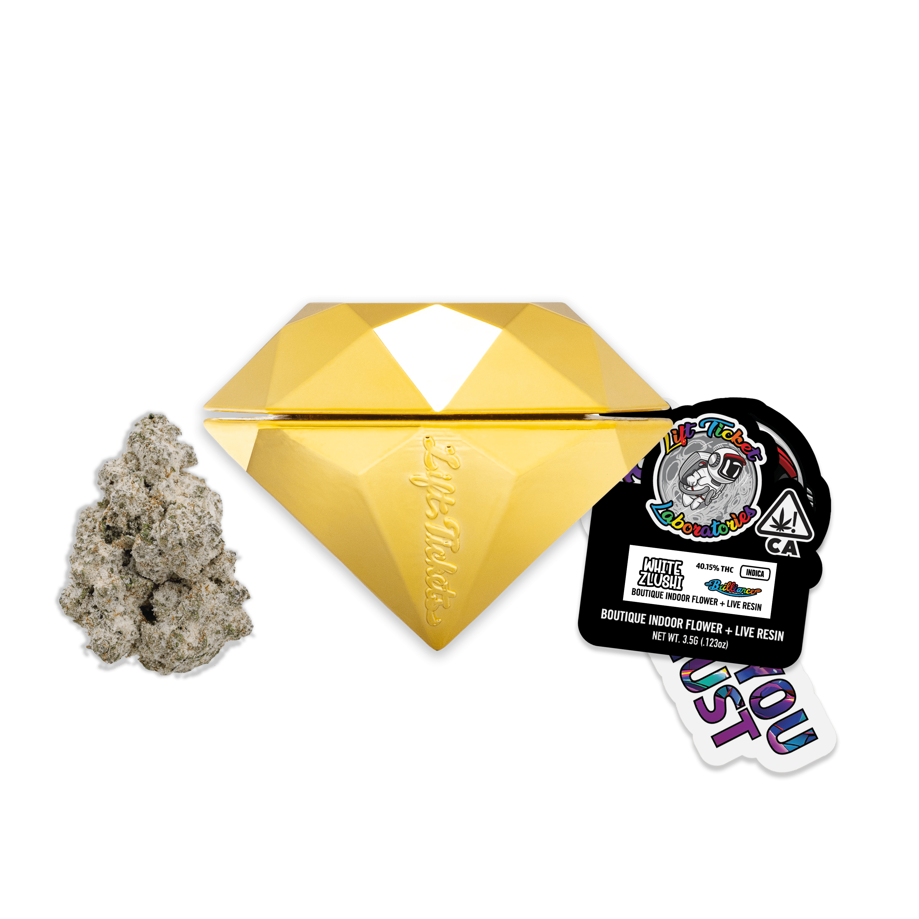 White Zlushi Nug Diamond Jar Gold Hang Tag